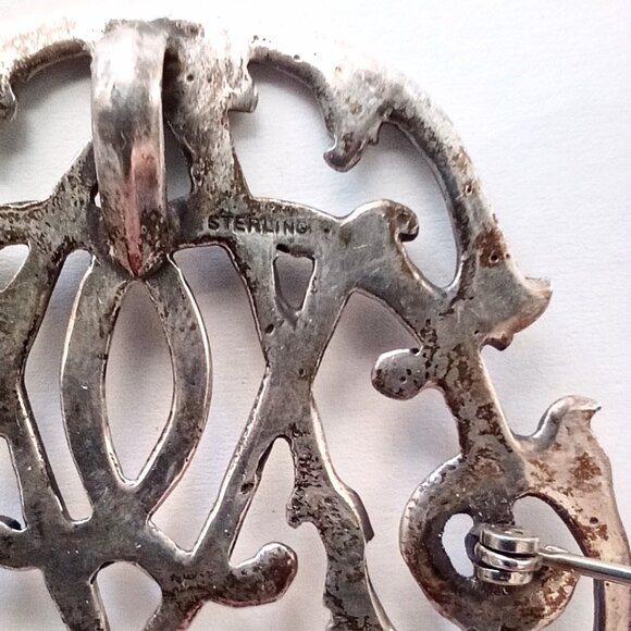 Antique Brooch Pin Pendant Sterling Silver Art Nouveau Intertwined Vines Leaves - Picture 4 of 8